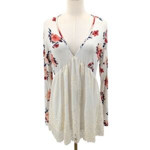 Floral Lace Babydoll Tunic Top Romantic Boho Long Sleeve Cottagecore L